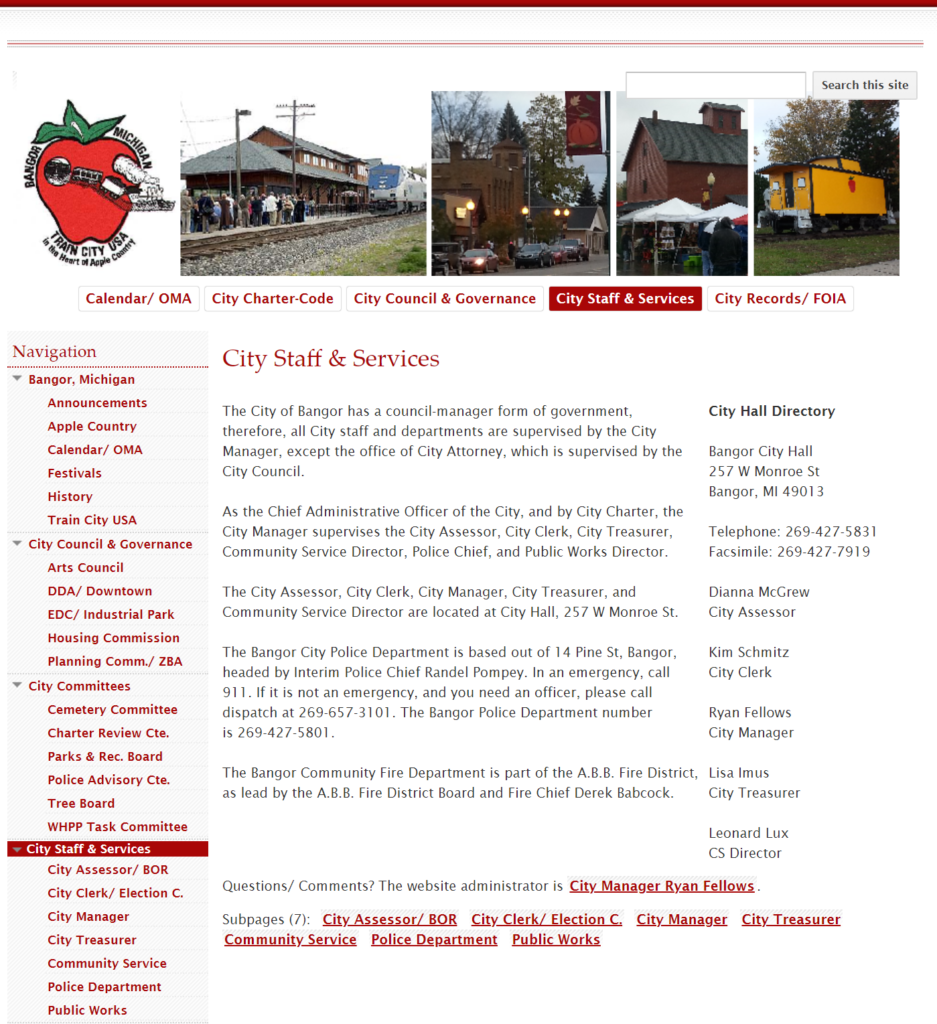 Image of bangormi.org City Staff & Service page (2015)
